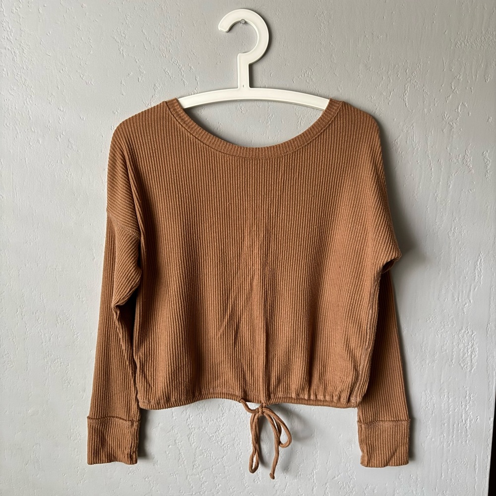 Abercrombie & Fitch Ribbed Drawstring Long-Sleeve Top - Camel